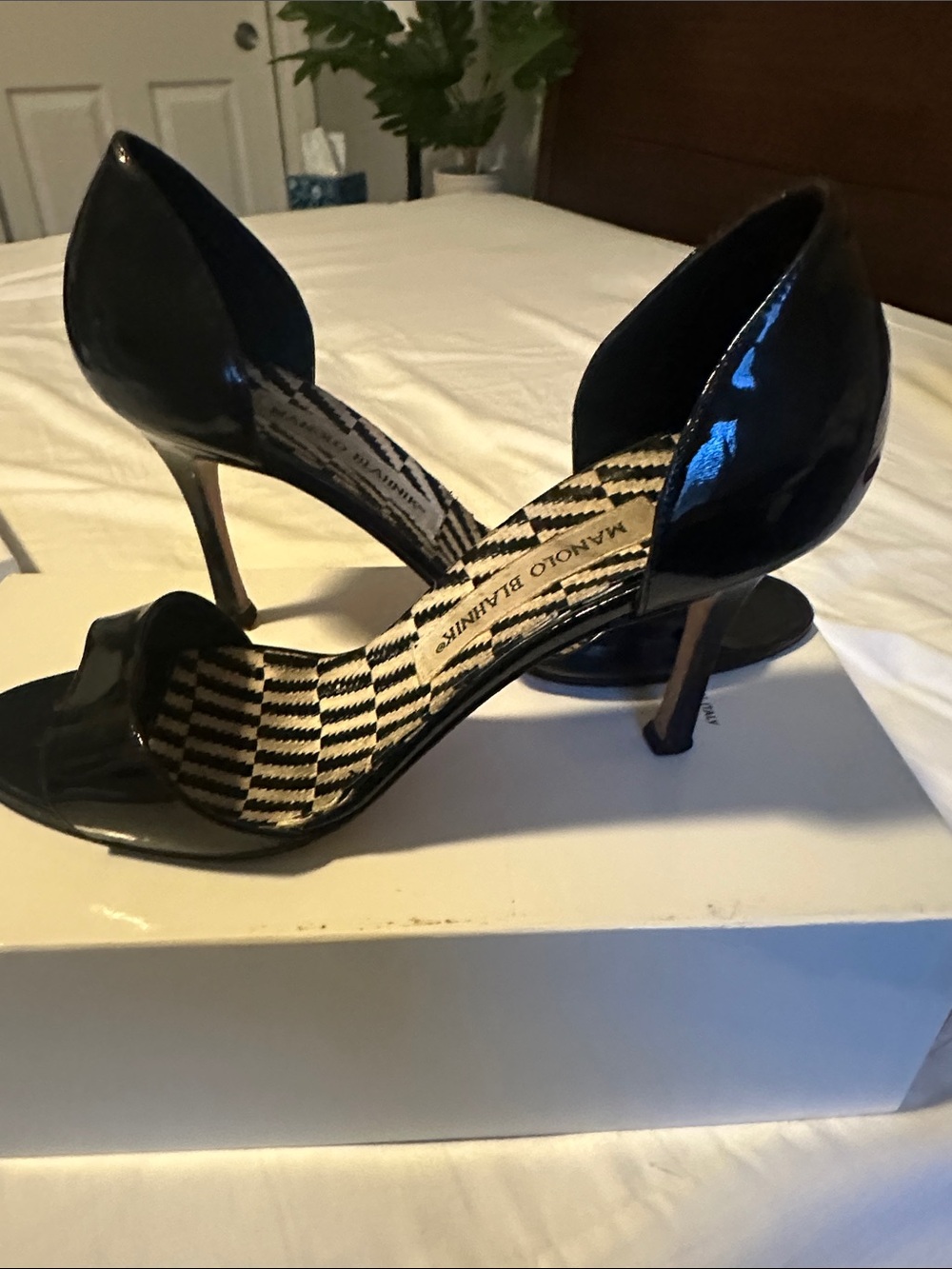 Manolo Blahnik Black Patent Leather D'Orsay Open-Toe Heels - Picture 2 of 9